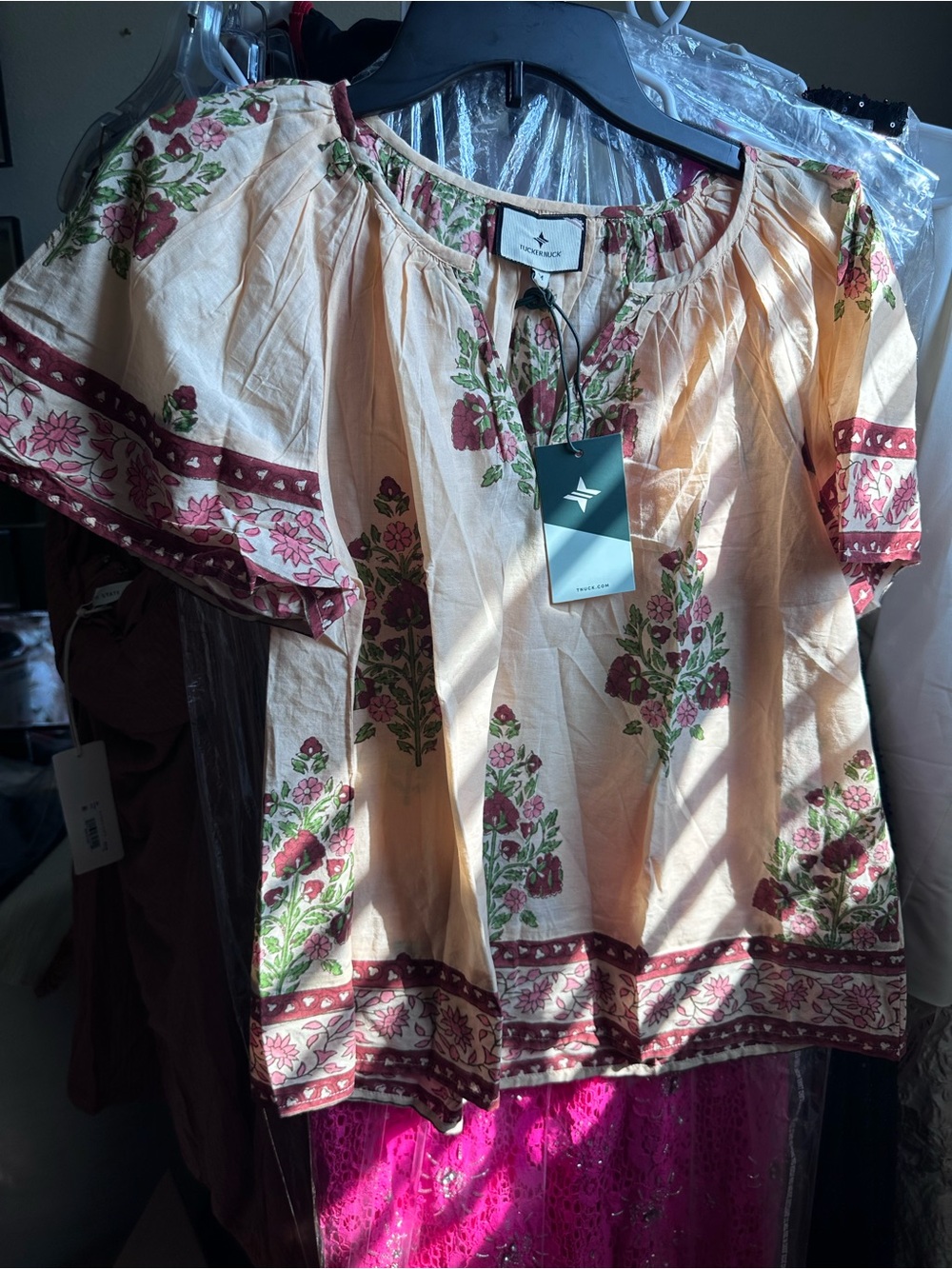 Tuckernuck Peach Floral Peasant Blouse with Pink & Green Accents